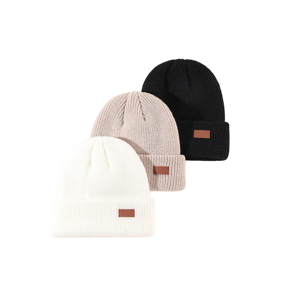 3 Pack Unisex Leather Patch Cap Beanies Knitted Roll-up Edge Hat